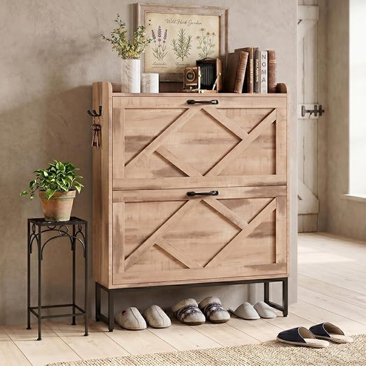 Nicetree Shoe Cabinet with 2 Flip Drawers，Freestanding Shoe Storage Cabinet, Narrow Shoe Organizer Cabinet, Farmhouse Slim Shoe Rack Cabinet for Entryway, Oak with Hook
