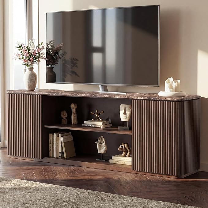 70" TV Stand, Modern Entertainment Center for TVs Up to 80", Fluted TV Console with Storage, Adjustable Shelves, Faux Marble Top, Curved Profile Design, Wood Media Console for Living Room, Brown Oak