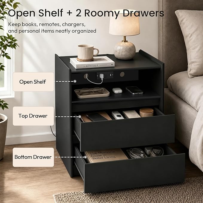 24" Tall Nightstand with Charging Station Including USB-C, Modern Bedside Table and Sofa End Table - Black, 2 Drawers, 1-Pack