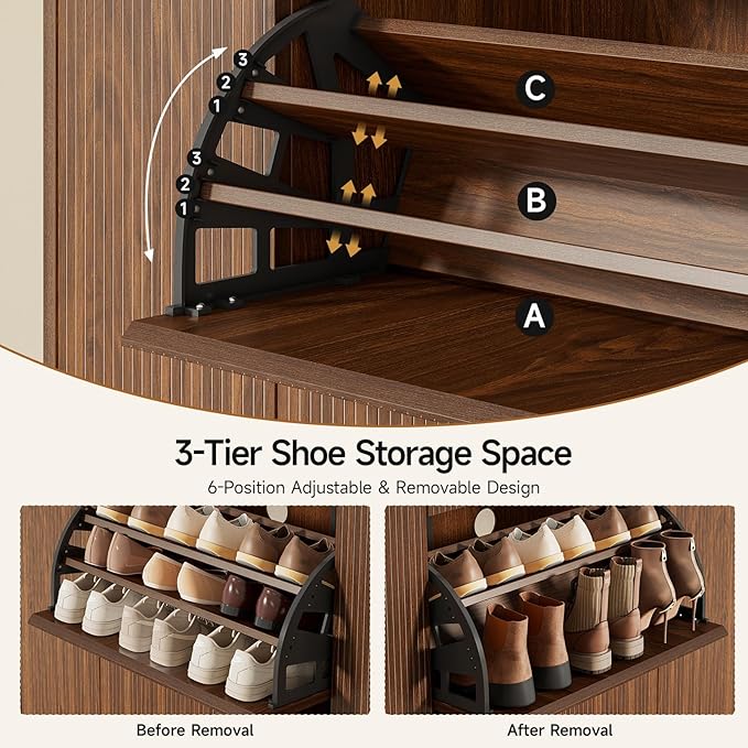 ONBRILL Large Shoe Cabinet with 2 Flip Drawers (3-Tier Each), 27-35 Pairs Shoe Organizer with Storage Drawer, 2 Doors & Open Shelf, 47.2'' Wide Shoe Storage Cabinet for Entryway Hallway (Walnut)