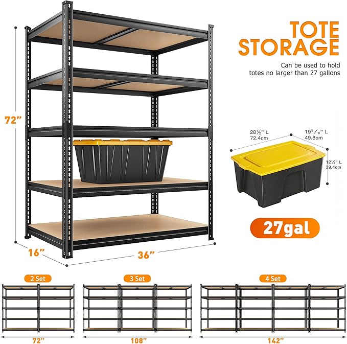 REIBII 2400LBS Storage Shelves 5 Tier Garage Shelving Heavy Duty, Adjustable Metal Shelving, Garage Shelves for Basement, Warehouse, Pantry, Closet, Kitchen 72" H x 36" W x 16" D, Black, 3 Pack