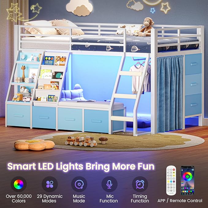 MSmask Low Loft Bed with 7 Storage Drawers & Reading Nook, Kids Twin Loft Bed with Bookshelf, LED Lights & Safety Guardrail, Loft Bed Twin Size with 35.8''H Play Space, Inclined Ladder, White & Blue