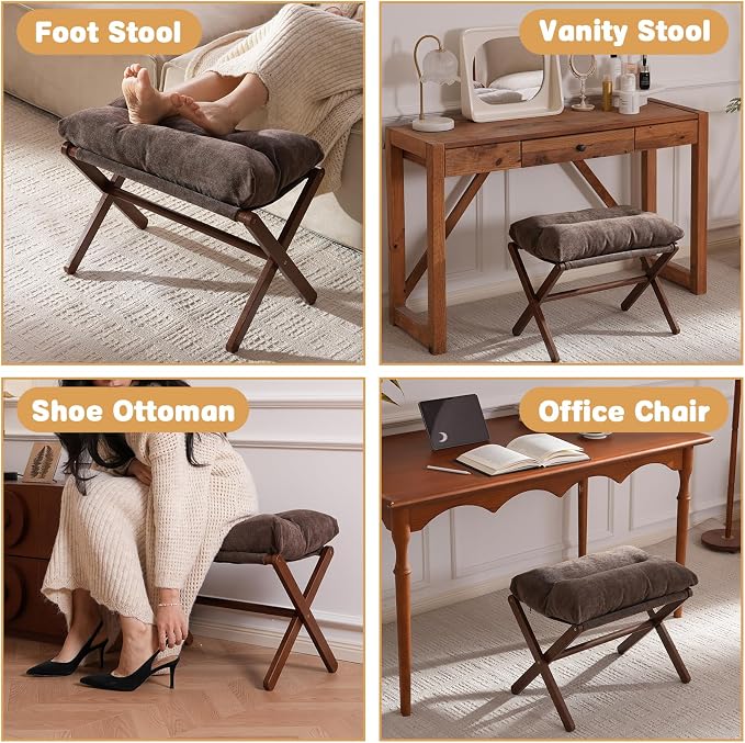 Baveke Ottoman Foot Rest- Bamboo Folding Stool, Foot Stools Small Ottman with Upholstered & X Legs, Foldable Stool for Makeup, Bedroom and Living Room, FSC-Certified (Large Brown)