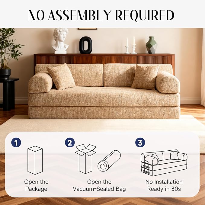 78.8" Convertible Sofa Bed with Removable Arm & 2 Pillows, 6-in-1 Corduroy Boneless Couch for Living Room, High-Density Sponge Sectional Couches, Sleeper Bed Loveseat, No Assembly, Ochre