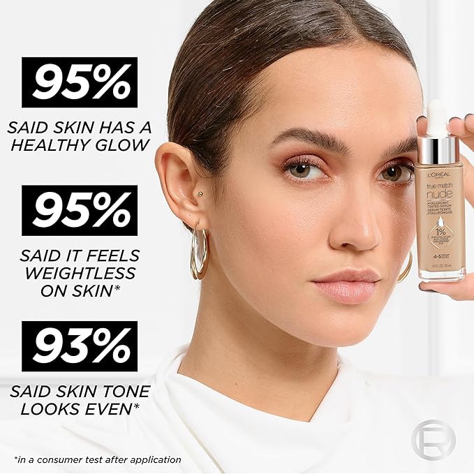 L'Oreal Paris True Match Nude Hyaluronic Tinted Serum Foundation with 1% Hyaluronic acid, Deep 8-10, 1 fl. oz.
