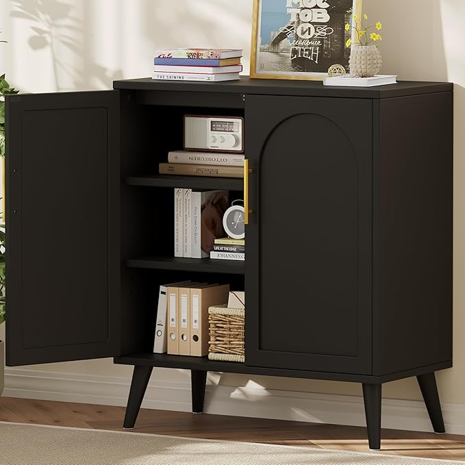 Keehusux 15.7" D Black Buffet Cabinet with Storage, Accent Buffet Sideboard with Adjustable Shelf and Solid Wood Legs, Modern Floor Storage Cabinet for Kitchen, Living Room, Black