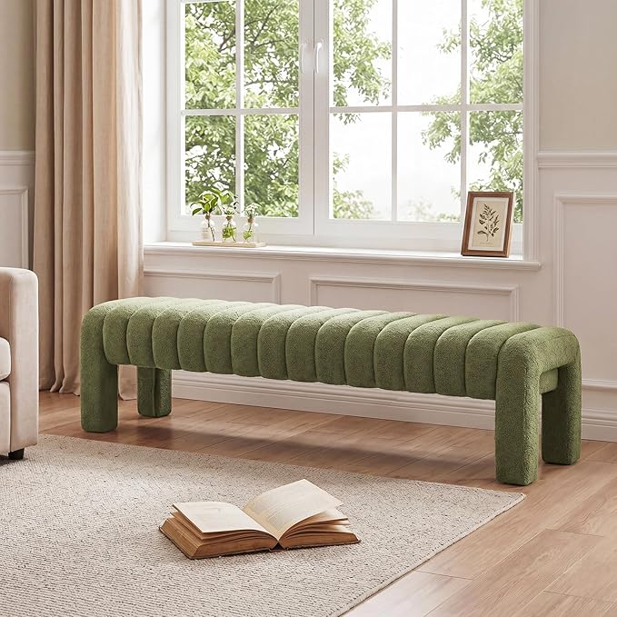 63’’ Bedroom Bench, Upholstered End of Bed Bench with Solid Wood Legs, Modern Cushioned Dining Bench with Full Covered Fabrics for Entryway, Bedroom, Living Room (Green, Boucle)