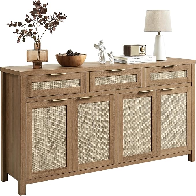 HOKYHOKY 63" Rattan Sideboard Buffet Cabinet, Boho Storage Cabinet with Adjustable Shelves, Farmhouse Credenza Coffee Bar Cabinets with 4 Doors & 3 Drawers for Living Room, Hallway & Kitchen