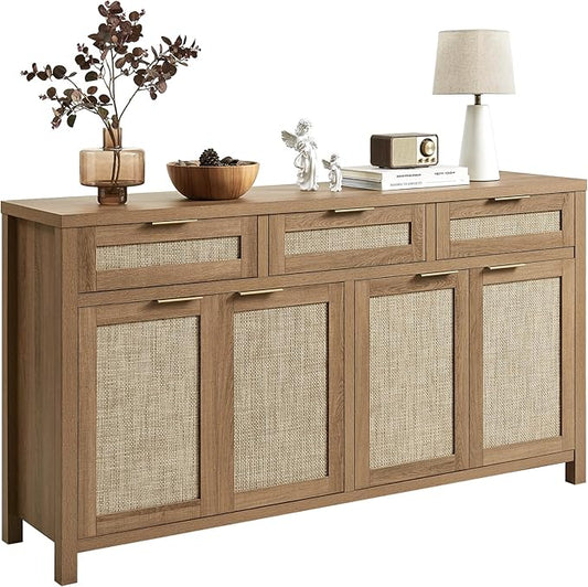 HOKYHOKY 63" Rattan Sideboard Buffet Cabinet, Boho Storage Cabinet with Adjustable Shelves, Farmhouse Credenza Coffee Bar Cabinets with 4 Doors & 3 Drawers for Living Room, Hallway & Kitchen
