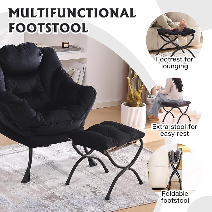 Welnow Folding Foot Stool, Upholstered Small Accent Ottoman with Detachable Thick Cotton Cushion Padded Sofa Stool and Metal Frame for Lazy Chair, Living Room, Bedroom, Black
