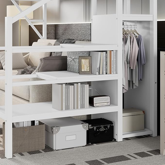 KEIKI Twin XL Size Metal Loft Bed Frame with Convertible Staircase, Built-in Storage Shelves & Wardrobe, Loft Bed with Solid Slat & Guardrail, No Box Spring Required, Easy Assembly, for Bedroom, White