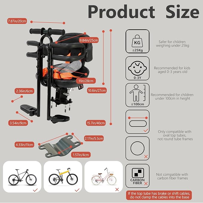 Kids Bike Seat with Guardrail and Thick Soft Padding, Front Mounted Child Bicycle Seat with Foldable Footrests for 0-3 Years Toddlers Bike Seat for MTB