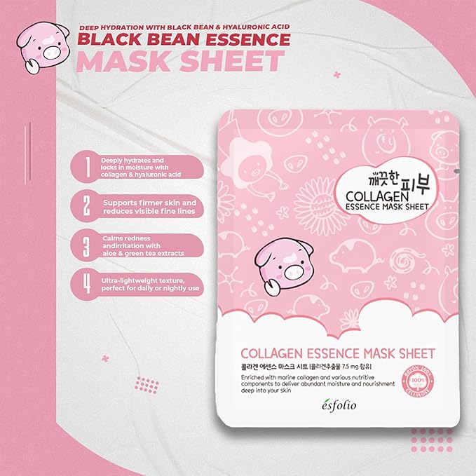 esfolio Collagen Essence Sheet Mask – Hydrating & Firming Face Mask for Glowing Skin – Anti-Aging Korean Skincare with Hydrolyzed Collagen & Hyaluronic Acid – Moisturizing Facial Mask (Pack of 10)