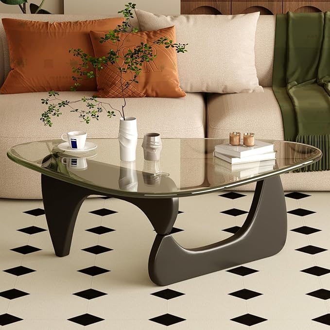 Coffee Table for Living Room Mid Century Modern Center Table with Glass Top and Wood, 36 Inch, Transparent/Black