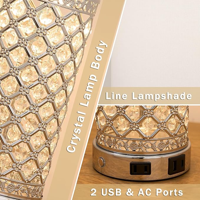 SAIWEYA Modern Crystal Table Lamp - 24in Silver Bedroom Lamps 3-Way Dimmable Touch Lamp with Night Light, 2 USB Ports + AC Outlet, Bedside Night Stand Lamp for Living Room Office (Silver- 1 Pack 24In)