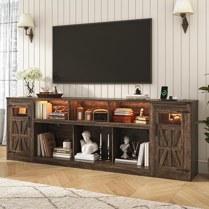 chartustriable Farmhouse TV Stand for 100 Inch TV,95" Entertainment Center w/LED Light,Large Media Console Cabinet w/Rustic Barn Doors,Power Outlets,Adjustable Shelves for Living Room,Brown