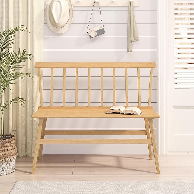 Bamboo Dining Bench, Entryway Bench with Spindle Back Farmhouse Wood Windsor for Foyer Balcony Living Room (Nature)