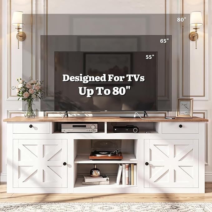 YITAHOME 70" Farmhouse TV Stand for 75/80 Inch TVs, Entertainment Center with Drawers, Adjustable Shelves & Built-in Power Outlet, Stable Anti-Tip TV Console Cabinet for Living Room, White+Walnut Top