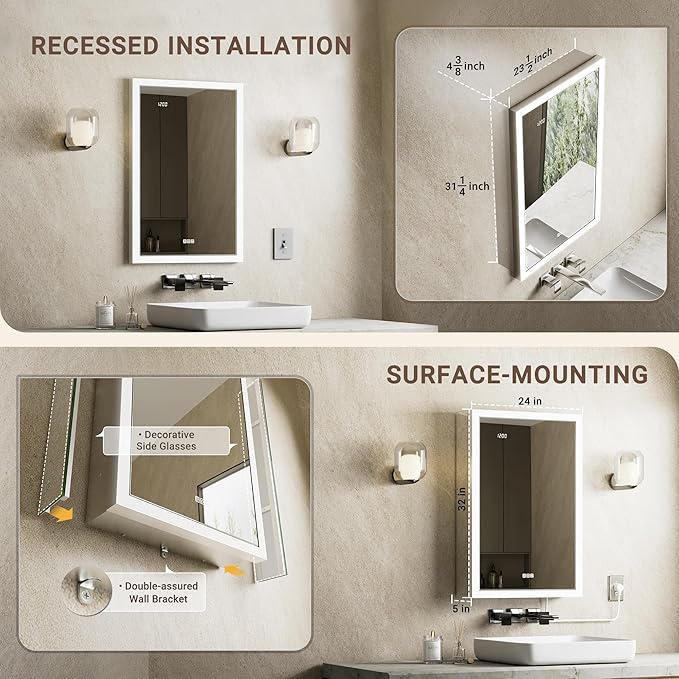 LED Medicine Cabinet Mirror 24x32 Surface or Recessed Fogless Lighted Medicine Cabinet with Mirror, Time Display & Stepless Dimming, Built-in Auto-Sensing LED, 2 Outlet &USB, Door Right Open