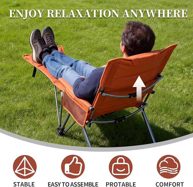 Folding Reclining Camping Chair with Footrest, 5-Position Adjustable Lounge Chair with Headrest & Cushion, Portable Heavy Duty Camping Chair for Outdoor, Beach, Patio, Office (Orange)
