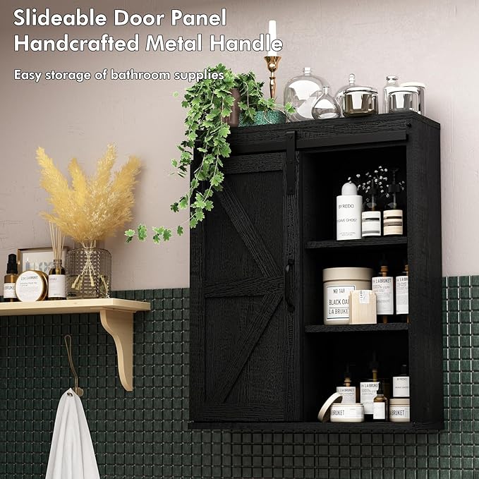 RUSTOWN Farmhouse Wood Wall Storage Bathroom Cabinet with Sliding Barn Door, Rustic Medicine Cabinet with Adjustable Shelf, 3-Tier Vintage Cabinets for Kitchen, Bathroom, Living Room (Black)