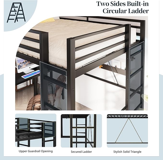 SUNLEI Loft Bed with Desk, Metal Loft Bed Full Size with 2 Built-in Ladders, Space-Saving Bed Frame, with Safety Guard, Noise Free for Small Bedroom, (Full Size) Black