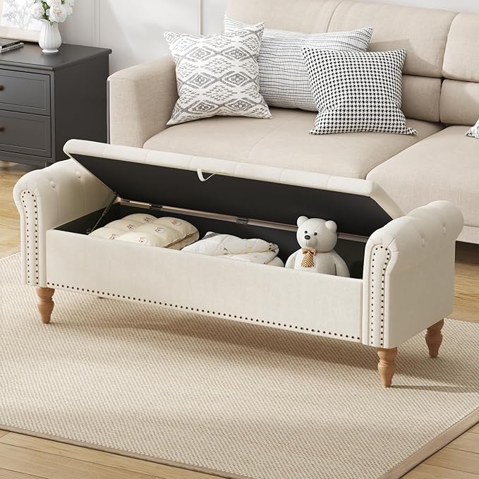 Furniliving 63” End of Bed Bench, Bedroom Bench with Button-Tufted, Large Upholstered Storage Ottoman Benches Entryway Bench with Storage Shoe Cabinet Bench, for Bedroom, Living Room, Linen, Beige