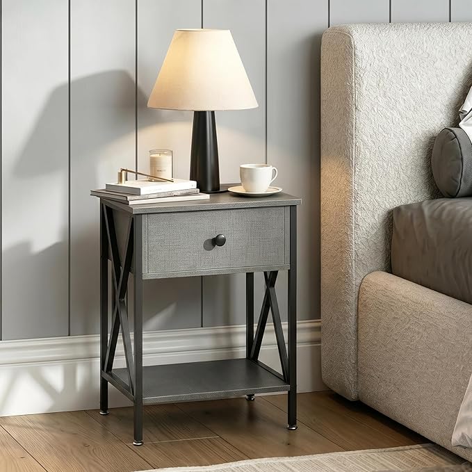 VECELO Nightstands Set of 2, Modern Bedside End Tables, Night Stands with Drawer and Storage Shelf for Living Room Bedroom, Industrial Metal Frame