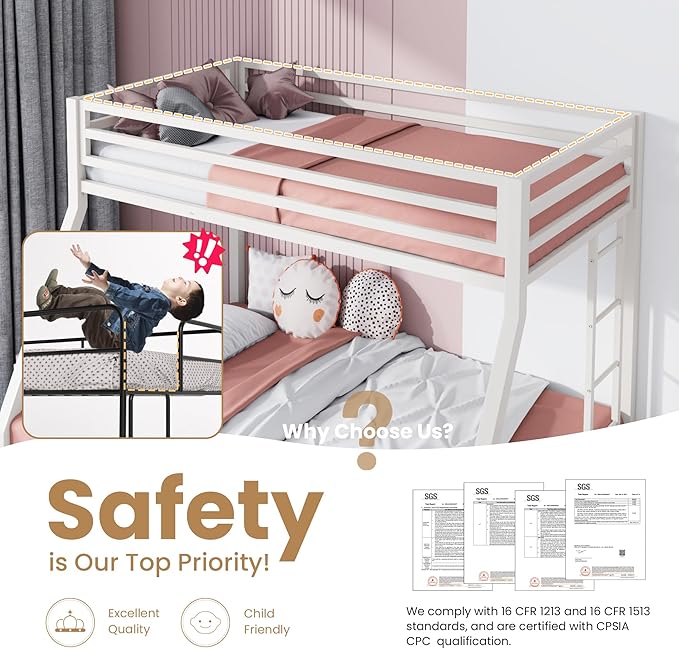 SHA CERLIN Loft Bunk Bed Twin Over Full Size with Ladder and Guardrail,Heavy Duty Metal Slats Support No Box Spring Needed Small Space Saving Furniture for Bedroom Dorm,White
