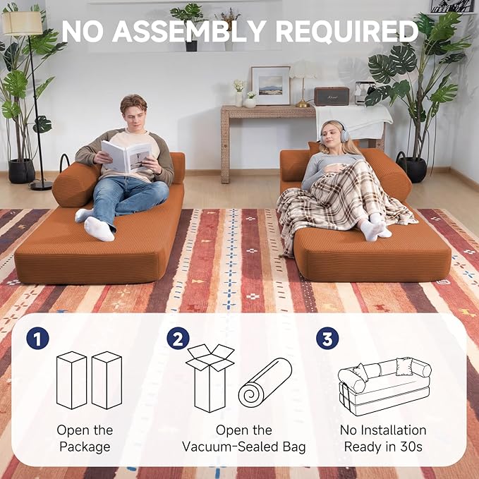 79" Boneless Couches for Living Room, Corduroy Sofa Bed with 2 Pillows,Side Pockets,Hex Arm, 5-in-1 Loveseat Sleeper Sofa for Small Spaces, High-Density Foam Couch, No Assembly, Orange
