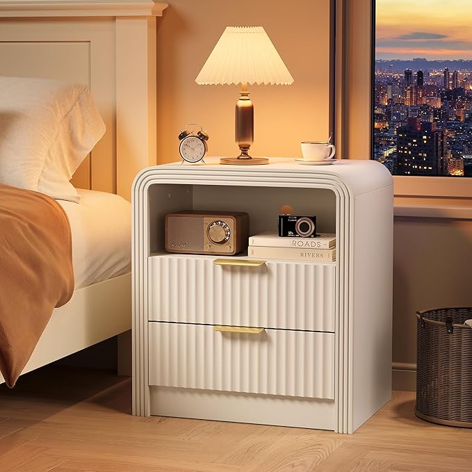 Decofy Fluted Nightstand with Charging Station, 19.7'' Wide Morden End Table with USB/Type-C Ports, 2 Drawers & Open Shelf, Curved Profile Design, Wood Bedside Table for Bedroom (White)