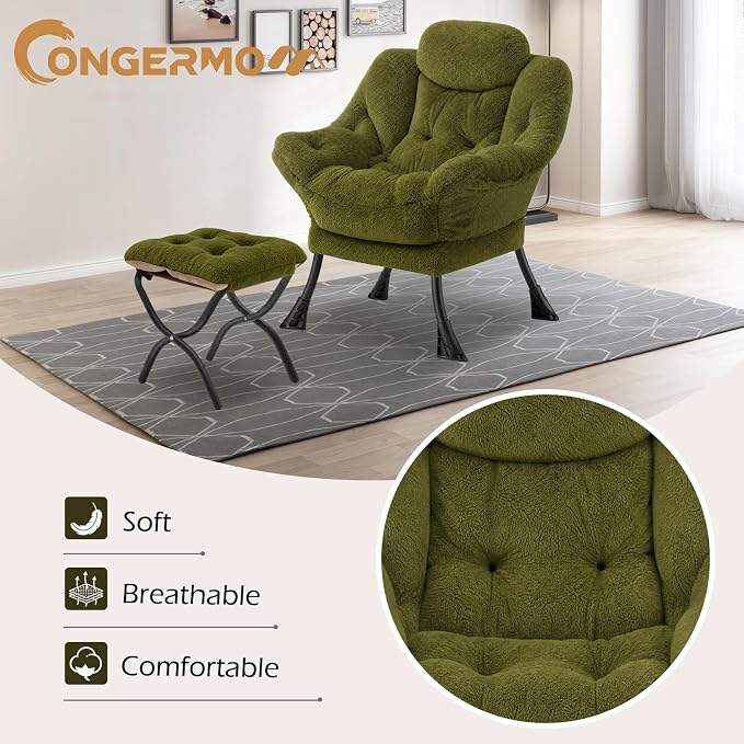Lazy Chair with Folding Ottoman,Leisure Sofa Chair,Soft Fabric Armchair with Armrests and Side Pockets, Reading Chair with Footrest for Living Room, Bedroom, Office (Plush Green)