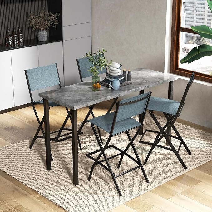 Giantex Folding Patio Bar Chairs Set of 2, Outdoor Counter Height Bar Stools with Footrest & Back, All-Weather Resistant, Metal Frame, for Porch Deck Lawn Garden, Light Blue