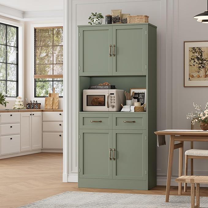 HOSTACK 71“ Tall Kitchen Pantry Storage Cabinet, Modern Kitchen Hutch Bar Cabinet with Microwave Stand, Wood Buffet Sideboard with Hutch, Cupboard with Drawers, Shelves for Dining Room, Green