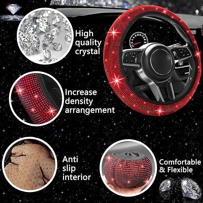 NBTEPEM 27 PCs Red Bling Car Accessories Set for Women, Steering Wheel Covers Universal Fit 15 Inch, Bling License Plate Frame, Bling Phone Holder, Bling Car Coasters (Red Diamond)