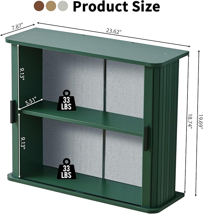 weselon Fluted Wall Mounted Bathroom Cabinet with Sliding Doors, Medicine Cabinet Storage for Over the Toilet, Space Saver Organizer for Small Bathroom Laundry Kitchen (Green)