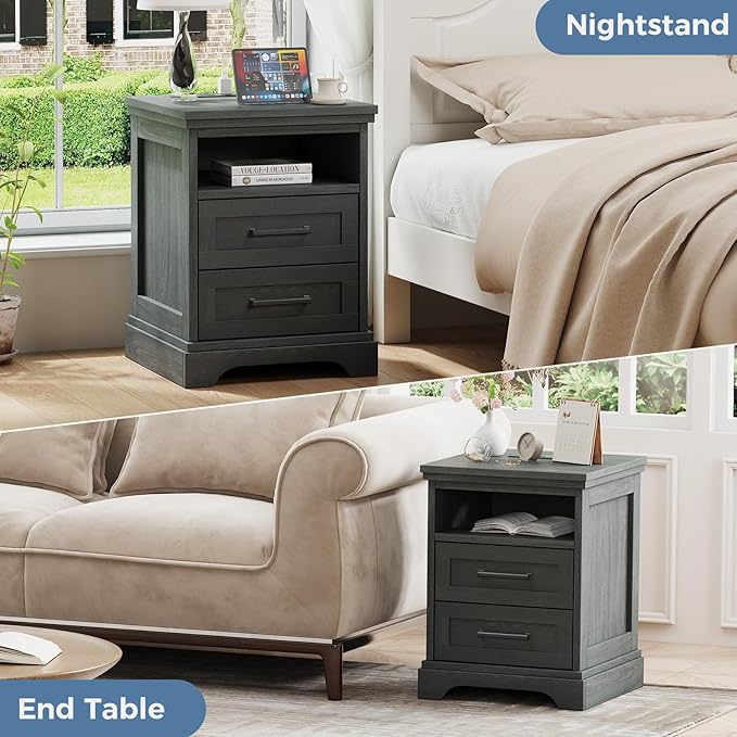 DUMOS Nightstand with Charging Station, Wood Farmhouse Bedside Table with 2 Drawers and Open Shelf, Wood End Table, Modern Side Table for Bedroom, Black