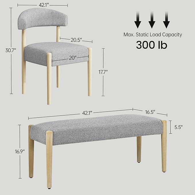 VKNOW Upholstered Dining Room Set for 6, Mid-Century Modern Dining Chairs Set of 4 and Dining Bench with Rubberwood Legs, for Dining Room, Living Room, Kitchen, Gray