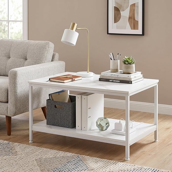 SUPER DEAL 2-Tier Industrial Coffee Table with Storage Shelf for Small Apartment Living Room, Rectangle Wood and Stable Metal TV Stand Side End Table, White Marble