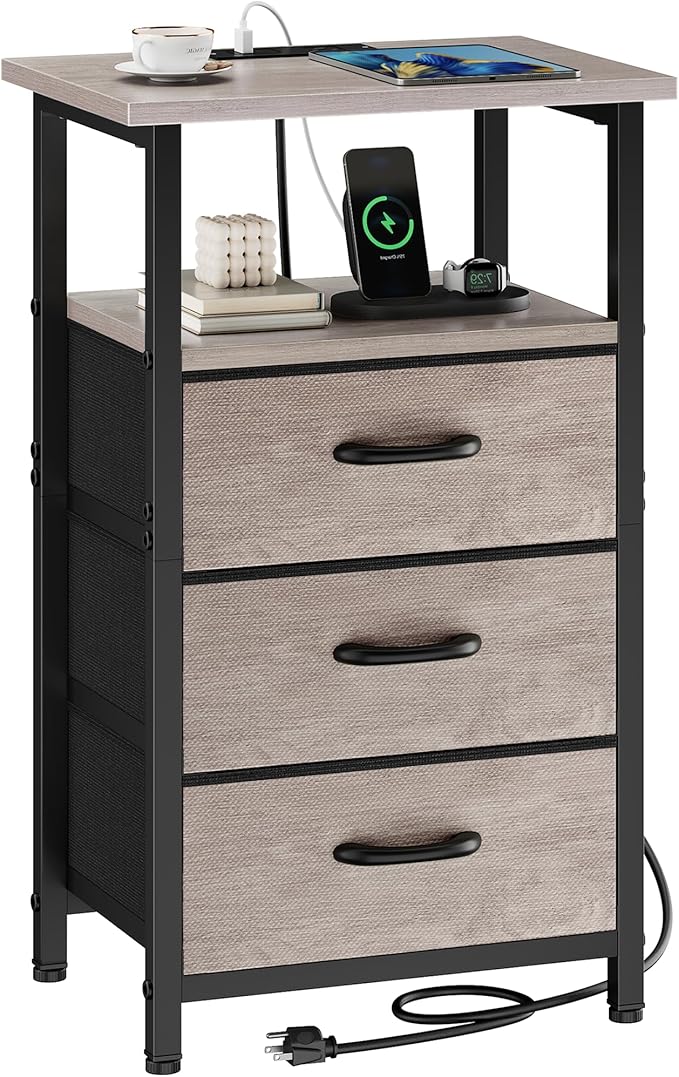 Vagusicc Nightstand with Charging Station, Bedside Table with USB Ports and Outlet, End Table Side Table with 3 Fabric Drawers and Storage Shelf, Bed Side Table Night Stand for Bedroom, Greige