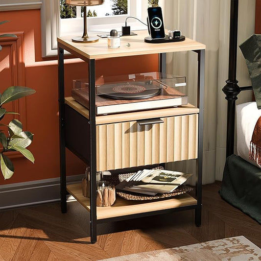 VINGLI Night Stand with Charging Station and Fabric Drawer, Fluted Nightstand with Drawer, Bed Side Table/End Table for Bedroom, Dorm, 14.96" W*11.81" D*23.7" H, 1 pc