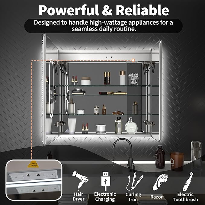 ExBrite 36 x 32 LED Lighted Medicine Cabinet with Mirror, Front & Backlit, Night Light, Clock & Temperature Display, Defog, 5X Magnifier, 3-Color Dimmable LED, Surface or Recessed Mount