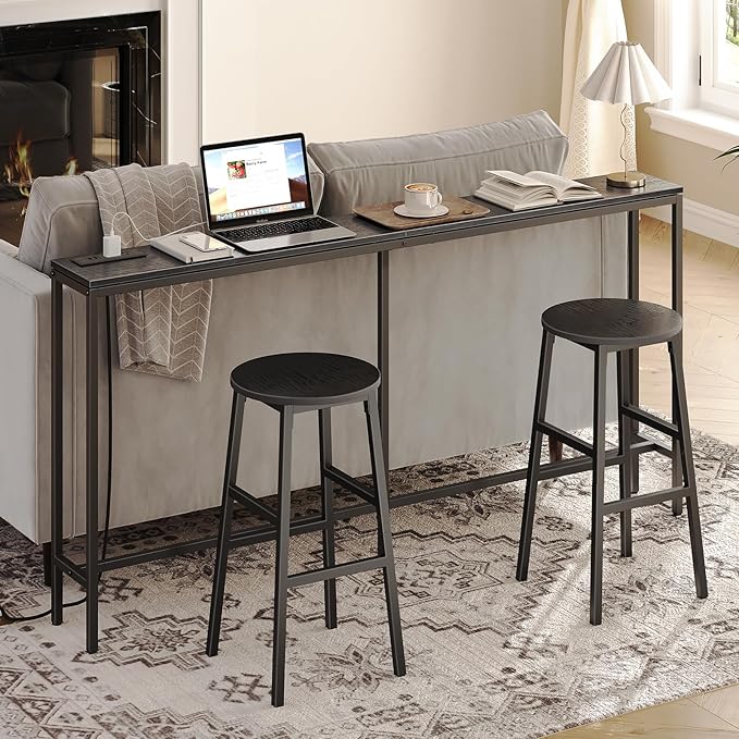 MAHANCRIS Bar Stools, Set of 2 Round Bar Chairs with Footrest, 24.4 Inch Kitchen Breakfast Bar Stools, Industrial Bar Stools, Easy Assembly, for Dining Room, Kitchen, Black BAHB0201 (Pack of 3)