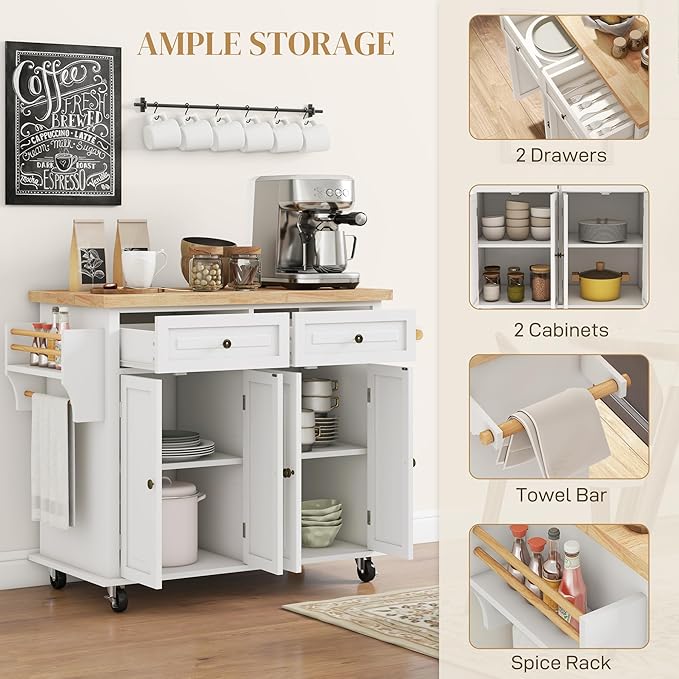 HOMCOM Kitchen Island Cart with Solid Wood Top, 44" Mobile Kitchen Island Table on Wheels with Storage Cabinets, 2 Drawers, Adjustable Shelves, Spice Rack & Towel Bar for Dining Room, Cream White