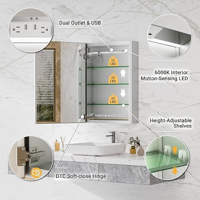 Lighted Medicine Cabinet with Mirror, 20x26 Beveled Brushed Nickel Framed Surface or Recessed Fogless Dimmable LED Medicine Cabinet with Outlet, Time Display and Sensor Inner Light