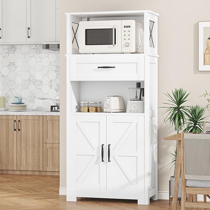 Saudism 55" Tall Farmhouse Kitchen Pantry Cabinet, Rustic Wooden Storage Cupboard with Doors, Shelves & Drawer, White for Kitchen & Dining Room, White