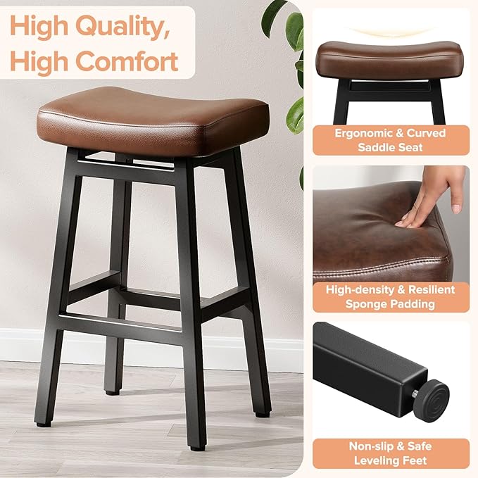 Raynesys 29 Inches Bar Stools Set of 2, Bar Height Barstools for Home Counter, Blackless Barstool with Bonded Leather Saddle Seats & Heavy Duty Metal Legs, Easy Assembly, Brown/Black