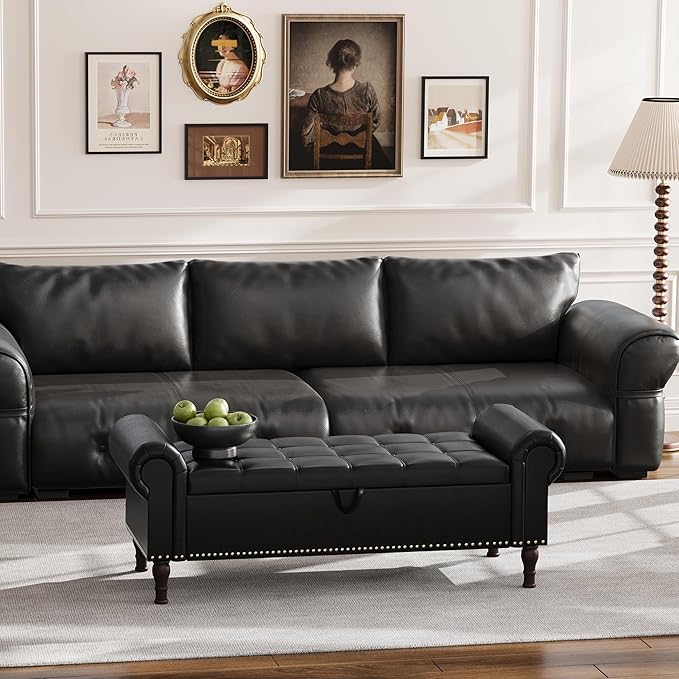 Apicizon 51” Bench with Storage, Queen Size Faux Leather End of Bed Bench with Tufted Button, Ottoman Bench with Rolled Arms & Vintage Rivets for Foot of Bed, Living Room, Entrance, Black