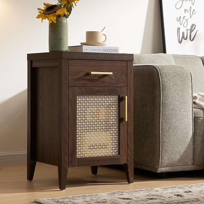 SICOTAS Tall Nightstands Set of 2 with Drawer, Mid Century Modern Wooden Night Stand Rustic Bedside Tables with Storage, Vintage End Tables with Metal Mesh Door for Bedroom, Espresso Walnut
