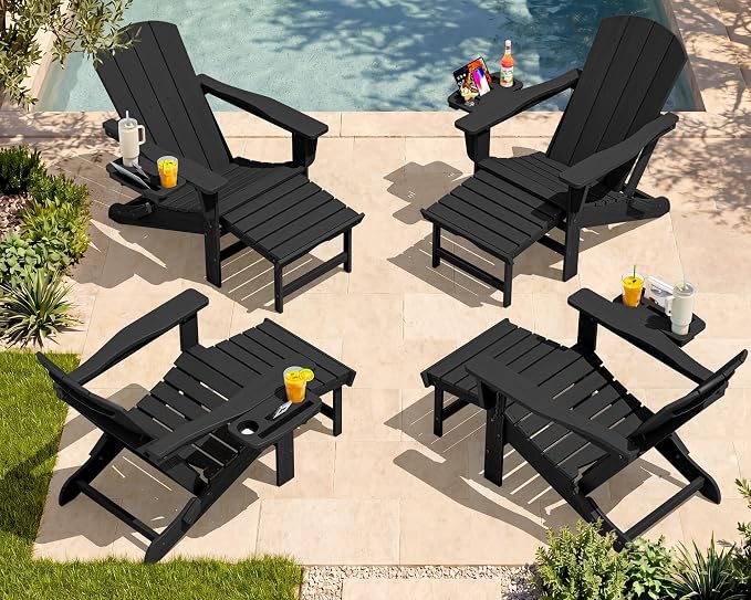 SERWALL Folding Adjustable Adirondack Chairs with Footrest Set of 4, HDPE Outdoor Chair with 4-in-1 Cup Holders, All Weather Adirondack Chair with Ottoman, Black